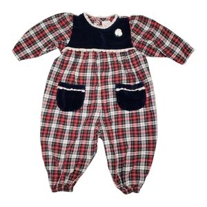 90's Buster Brown Plaid & Velvet Baby Romper Sz 12M